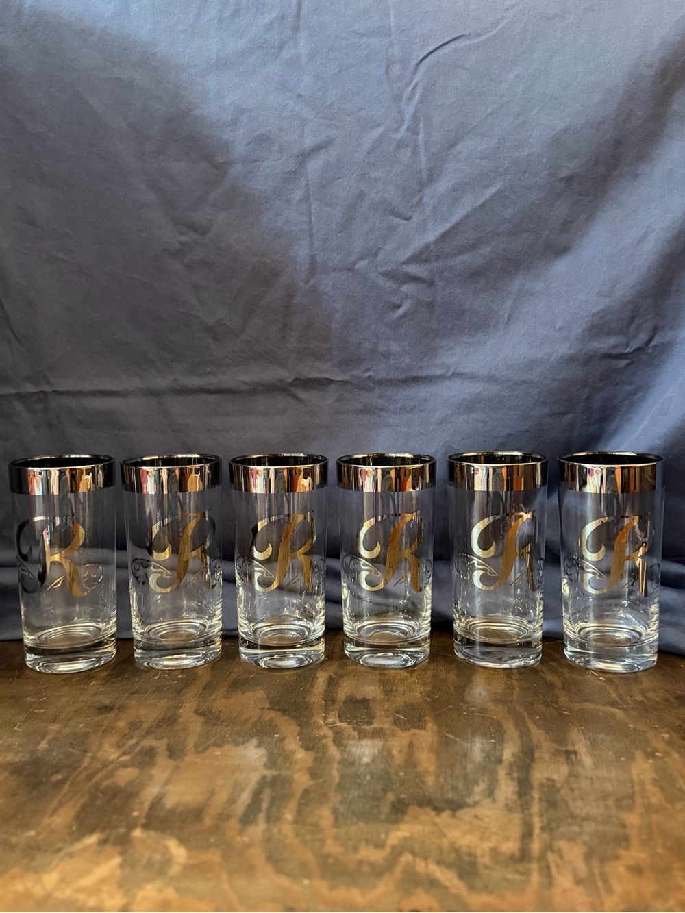 Vintage Monogram R Highball Glasses Set of 6 Gold Silver Rim MCM Barware